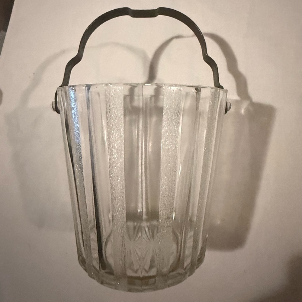 Vintage Mid Century Modern Crystal Glass Ice Bucket with Metal Handle